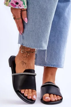 Eleganckie Klapki Na Płaskim Obcasie Czarne Termen