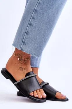 Eleganckie Klapki Na Płaskim Obcasie Czarne Termen