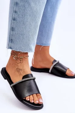 Eleganckie Klapki Na Płaskim Obcasie Czarne Termen