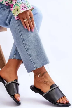 Eleganckie Klapki Na Płaskim Obcasie Czarne Termen