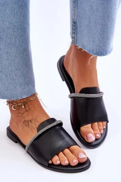 Eleganckie Klapki Na Płaskim Obcasie Czarne Termen