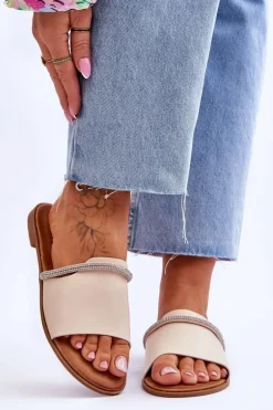 Eleganckie Klapki Na Płaskim Obcasie Beżowe Termen