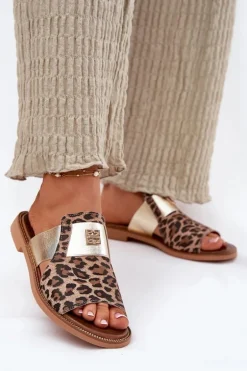 Eleganckie Klapki Ze Skóry Naturalnej Na Płaskim Obcasie Zazoo 40423 Panterka