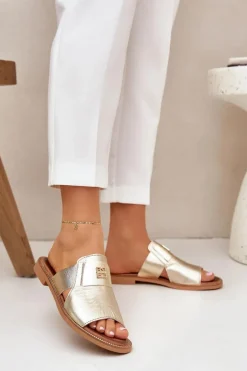 Eleganckie Klapki Ze Skóry Naturalnej Na Płaskim Obcasie Zazoo 40423 Złote