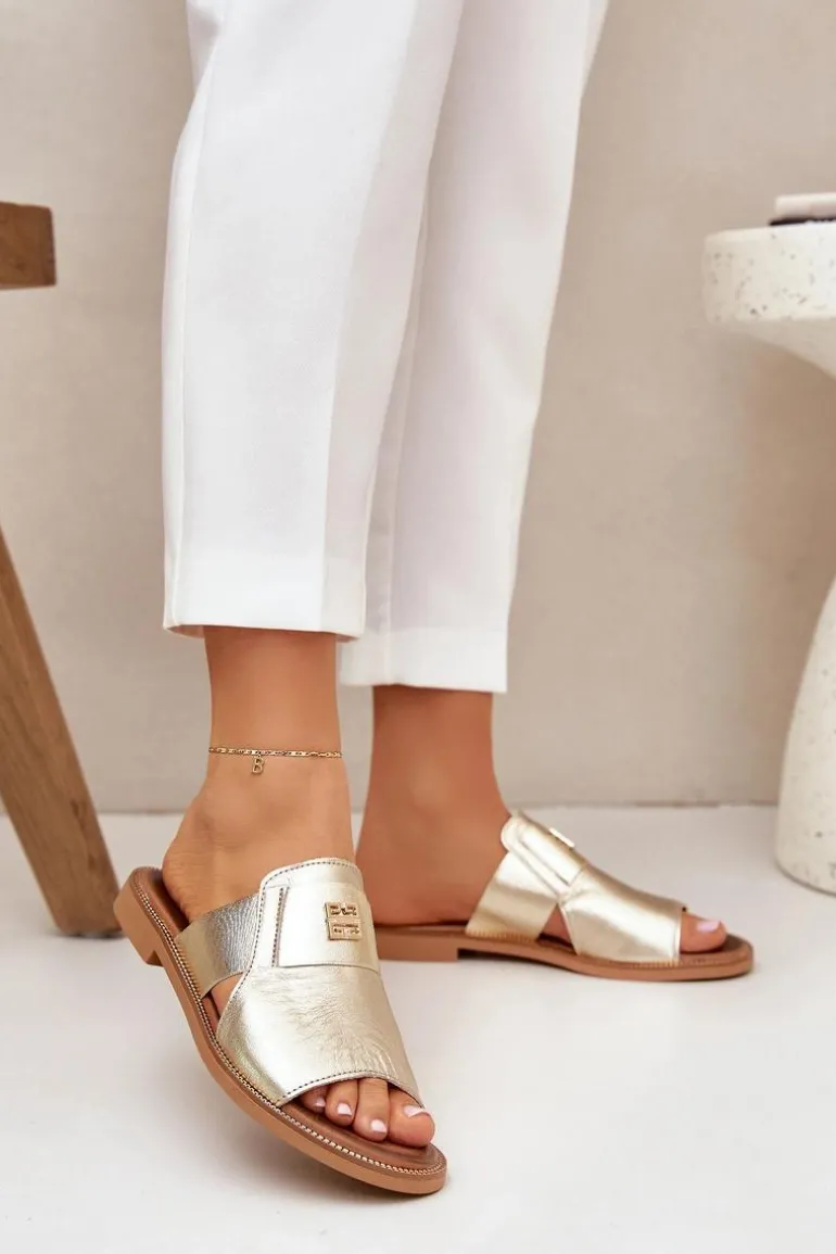 Eleganckie Klapki Ze Skóry Naturalnej Na Płaskim Obcasie Zazoo 40423 Złote