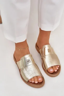 Eleganckie Klapki Ze Skóry Naturalnej Na Płaskim Obcasie Zazoo 40423 Złote