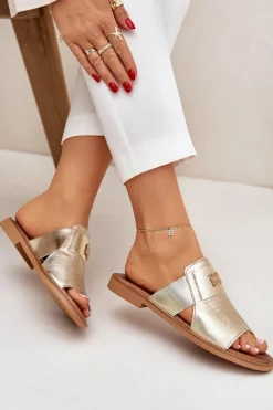 Eleganckie Klapki Ze Skóry Naturalnej Na Płaskim Obcasie Zazoo 40423 Złote