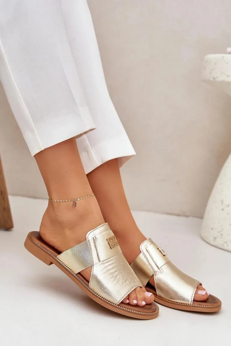 Eleganckie Klapki Ze Skóry Naturalnej Na Płaskim Obcasie Zazoo 40423 Złote