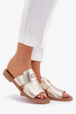 Eleganckie Klapki Ze Skóry Naturalnej Na Płaskim Obcasie Zazoo 40423 Złote