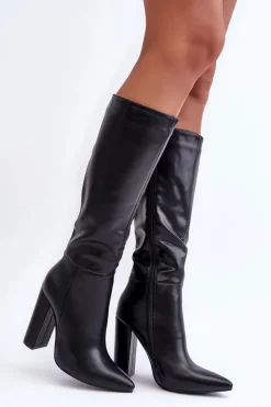 Eleganckie Kozaki Na Obcasie Skórzane Czarne Eudonice