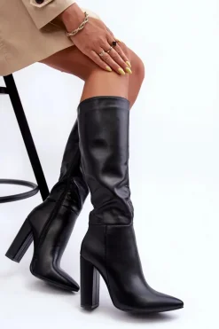 Eleganckie Kozaki Na Obcasie Skórzane Czarne Eudonice