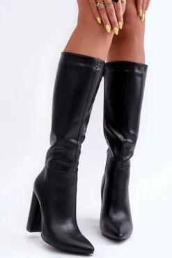Eleganckie Kozaki Na Obcasie Skórzane Czarne Eudonice