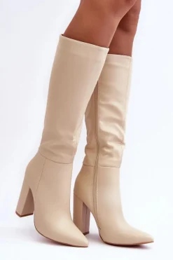 Eleganckie Kozaki Na Obcasie Skórzane Beżowe Eudonice