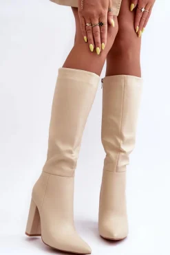 Eleganckie Kozaki Na Obcasie Skórzane Beżowe Eudonice
