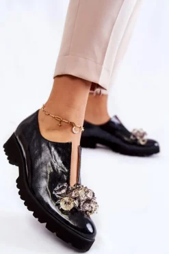 Eleganckie Lakierowane Półbuty Z Ozdobą Czarno-Szare Cindy
