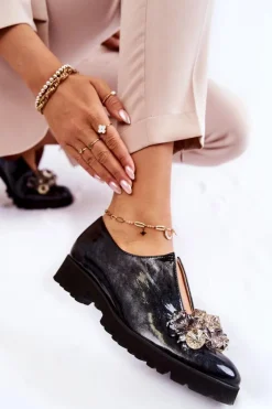 Eleganckie Lakierowane Półbuty Z Ozdobą Czarno-Szare Cindy