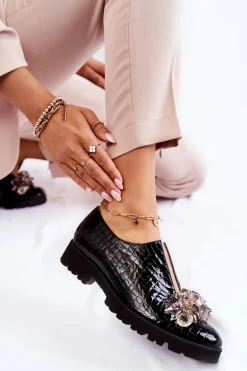 Eleganckie Lakierowane Półbuty Z Ozdobą Krokodyl Czarne Cindy