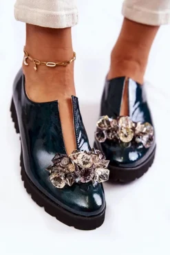 Eleganckie Lakierowane Półbuty Z Ozdobą Ciemnozielone Cindy