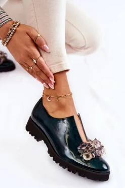 Eleganckie Lakierowane Półbuty Z Ozdobą Ciemnozielone Cindy