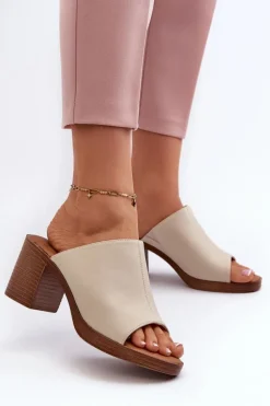 Eleganckie Lekkie Klapki Damskie Na Obcasie Beżowe Varnila