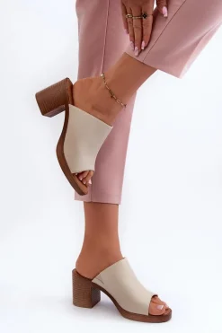 Eleganckie Lekkie Klapki Damskie Na Obcasie Beżowe Varnila