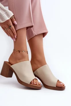 Eleganckie Lekkie Klapki Damskie Na Obcasie Beżowe Varnila