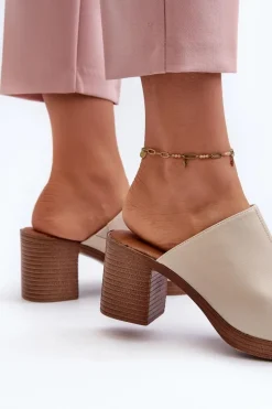 Eleganckie Lekkie Klapki Damskie Na Obcasie Beżowe Varnila