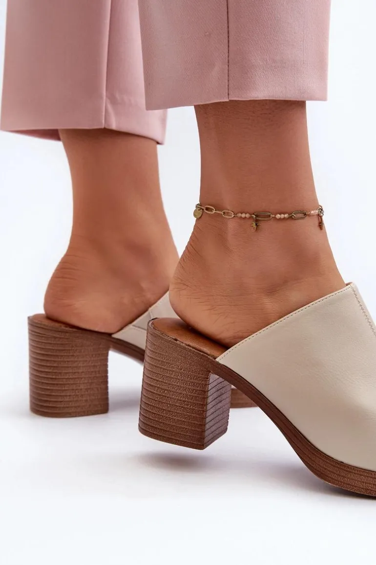 Eleganckie Lekkie Klapki Damskie Na Obcasie Beżowe Varnila