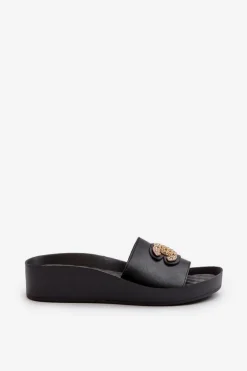 Eleganckie Lekkie Klapki Damskie Z Ozdobą Skóra Naturalna S.Barski KV27-013 Czarne