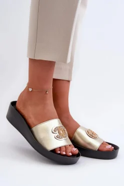 Eleganckie Lekkie Klapki Damskie Z Ozdobą Skóra Naturalna S.Barski KV27-013 Złote