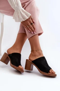 Eleganckie Lekkie Klapki Damskie Na Obcasie Czarne Varnila