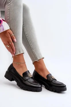 Eleganckie Mokasyny Damskie Ze Złotą Ozdobą Czarne Tosisa
