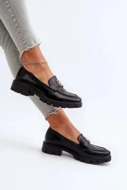 Eleganckie Mokasyny Damskie Ze Złotą Ozdobą Czarne Tosisa