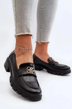 Eleganckie Mokasyny Damskie Ze Złotą Ozdobą Czarne Tosisa