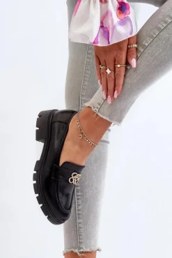 Eleganckie Mokasyny Damskie Ze Złotą Ozdobą Czarne Tosisa