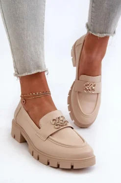 Eleganckie Mokasyny Damskie Ze Złotą Ozdobą Beżowe Tosisa