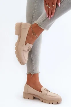 Eleganckie Mokasyny Damskie Ze Złotą Ozdobą Beżowe Tosisa