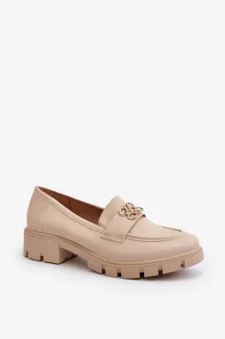 Eleganckie Mokasyny Damskie Ze Złotą Ozdobą Beżowe Tosisa