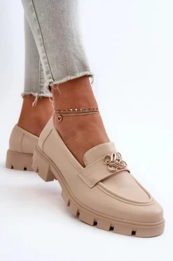 Eleganckie Mokasyny Damskie Ze Złotą Ozdobą Beżowe Tosisa