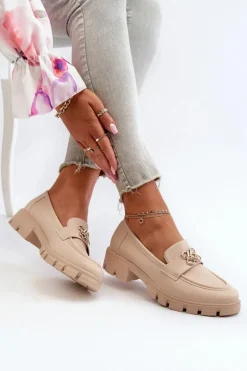 Eleganckie Mokasyny Damskie Ze Złotą Ozdobą Beżowe Tosisa