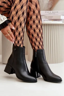 Eleganckie Ocieplane Botki Damskie Z Naturalnej Skóry Czarne Vinceza 77106