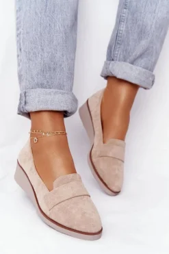 Eleganckie Półbuty Na Koturnie Vinceza 10599 Zamszowe Beżowe