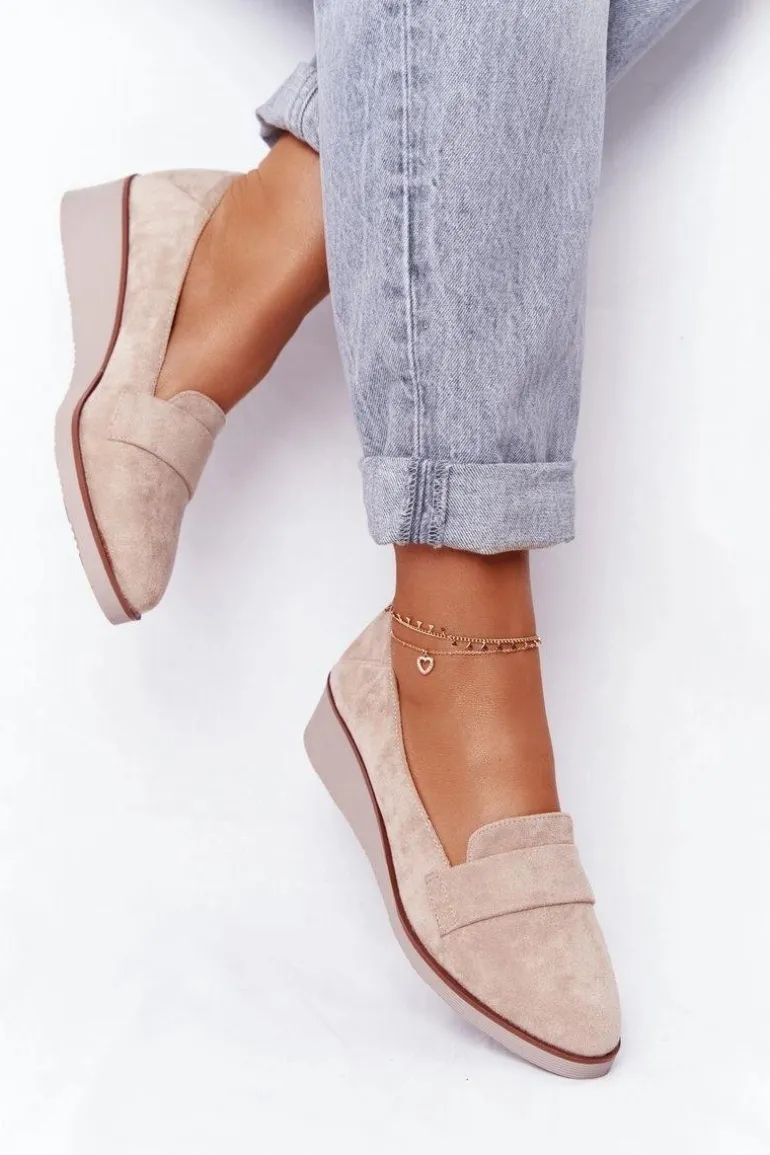 Eleganckie Półbuty Na Koturnie Vinceza 10599 Zamszowe Beżowe