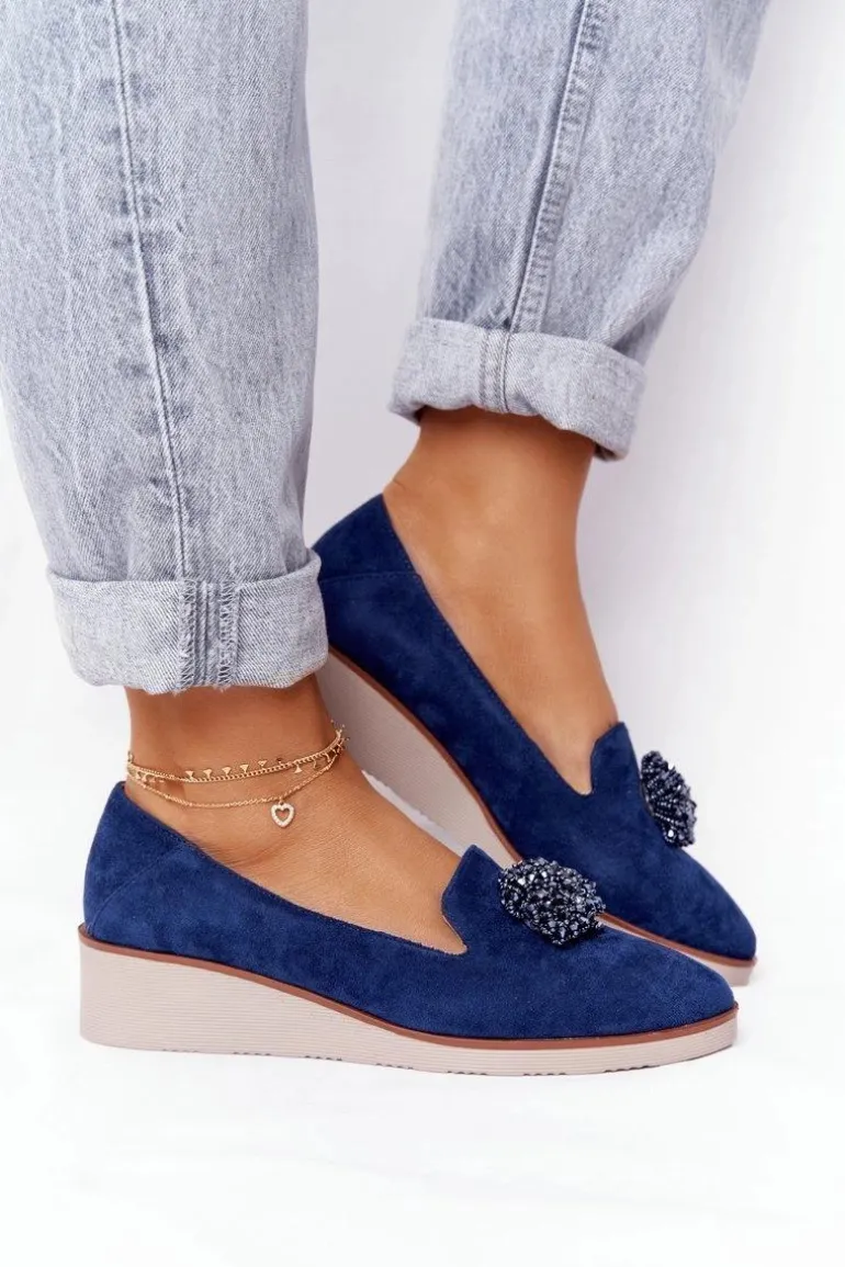 Eleganckie Półbuty Na Koturnie Vinceza 10580 Zamszowe Granatowe