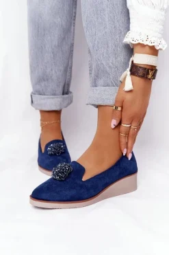 Eleganckie Półbuty Na Koturnie Vinceza 10580 Zamszowe Granatowe