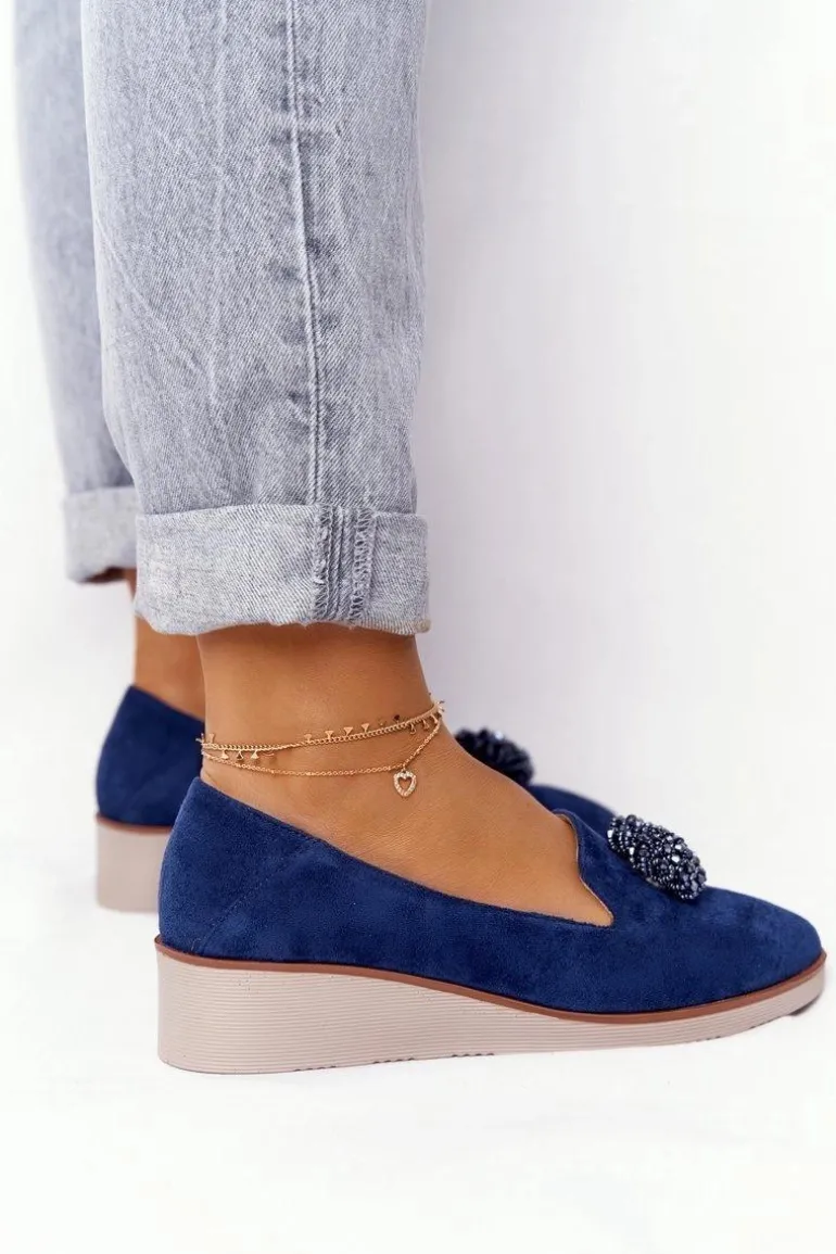 Eleganckie Półbuty Na Koturnie Vinceza 10580 Zamszowe Granatowe