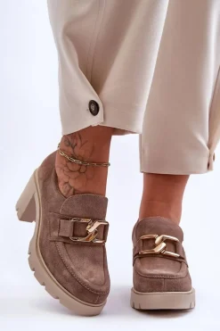 Eleganckie Półbuty Na Słupku Ze Złotą Ozdobą Beżowe Lemar Harmell