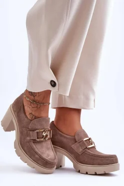 Eleganckie Półbuty Na Słupku Ze Złotą Ozdobą Beżowe Lemar Harmell