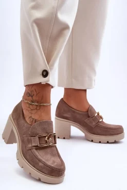 Eleganckie Półbuty Na Słupku Ze Złotą Ozdobą Beżowe Lemar Harmell