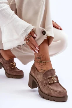 Eleganckie Półbuty Na Słupku Ze Złotą Ozdobą Ciemnobeżowe Lemar Harmell